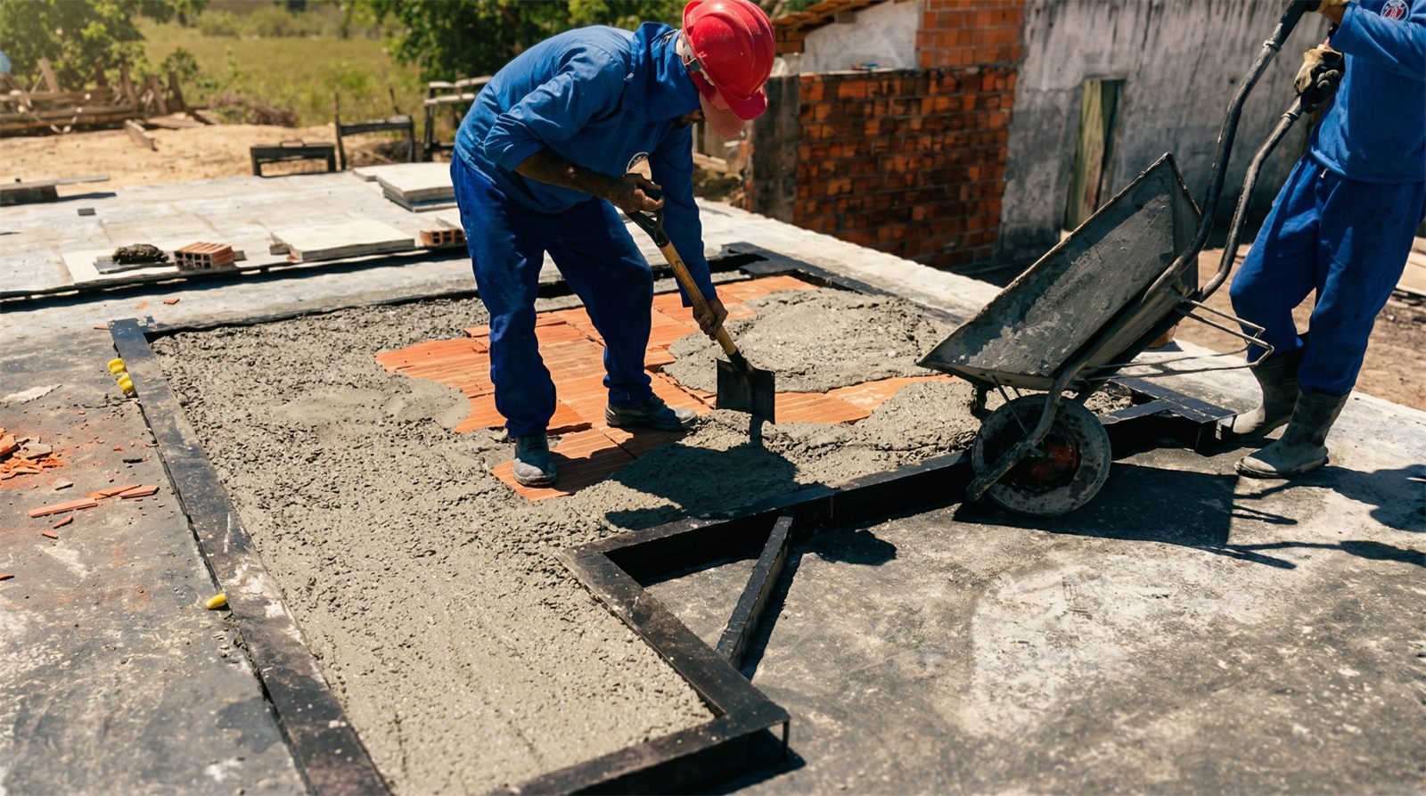 Aplicação da camada de argamassa sobre os tijolos na fôrma